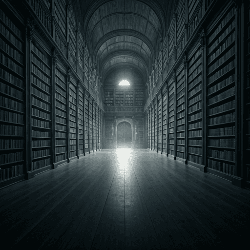Monochrome cinematic interior of a grand historical library with towering bookshelves